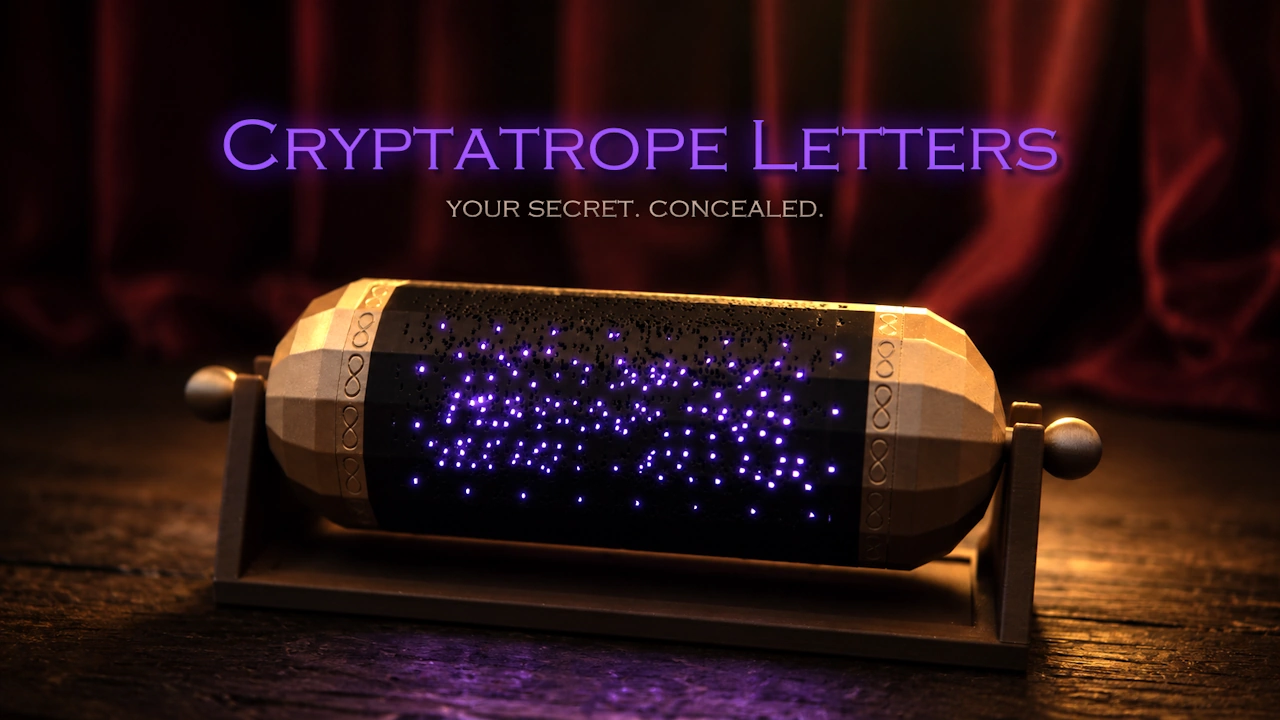 Cryptatrope Letters title above a glowing Cryptatrope on its stand